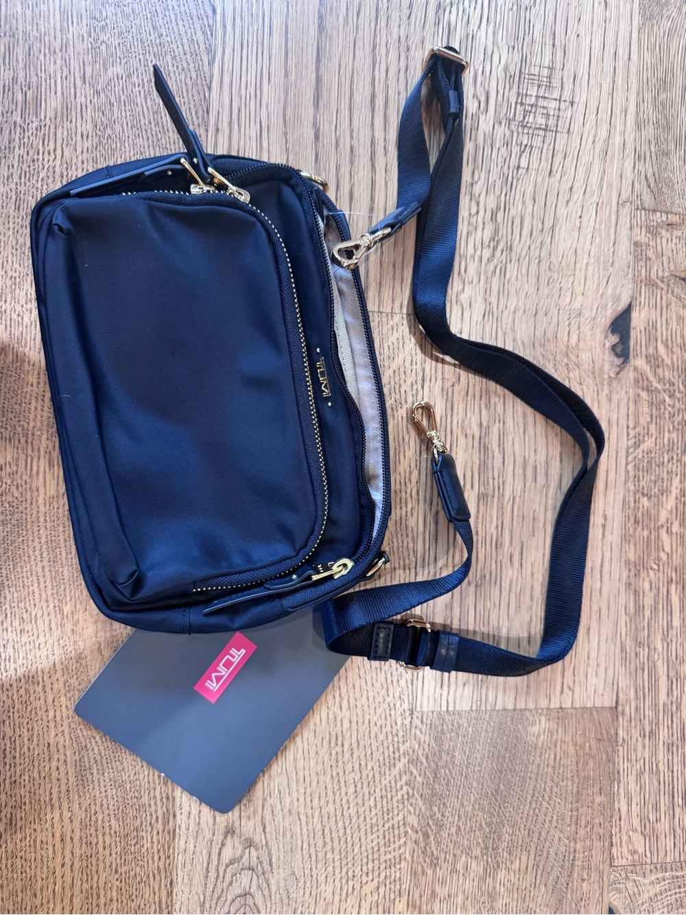 Tumi Black Nylon Crossbody with Gold Hardware